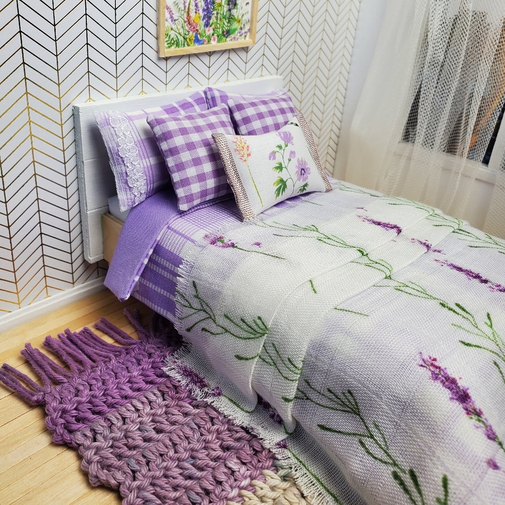 Miniature Dollhouse Lavender Floral Bedding Set 1:12 Scale